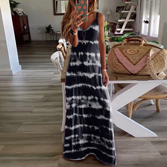 Sexy V Neck Retro Gradient Tie Dye Bohemian Casual Loose Beach Party Maxi Dress