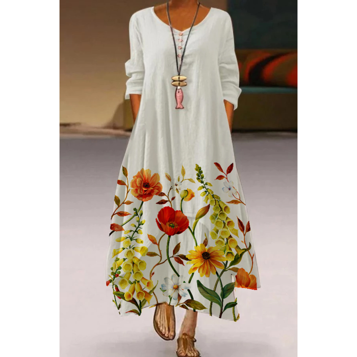 Casual Elegant Long Sleeve Fashion Floral Loose O-Neck Maxi Dress