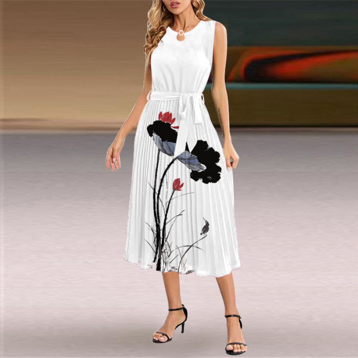 Summer Round Neck Sleeveless Pleated Slim Fit Casual Dress