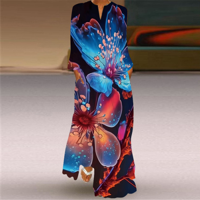Women's Fashion Sexy Printed Long Sleeve V Neck  Wedding Guest Dress