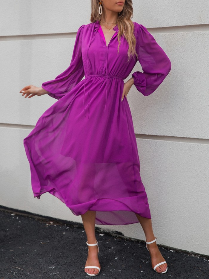 V Neck Solid Color Long Sleeves High Waist Fashionable Casual  Maxi Dress