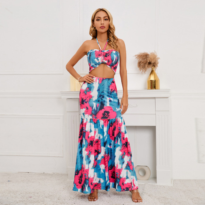 Women's Design Sexy Bohemian Print Halter Neck Top + Skirt Two-Piece Dress