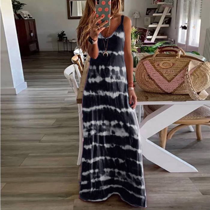 Sexy V Neck Retro Gradient Tie Dye Bohemian Casual Loose Beach Party Maxi Dress