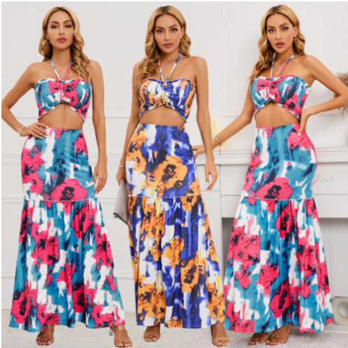 Women's Design Sexy Bohemian Print Halter Neck Top + Skirt Two-Piece Dress