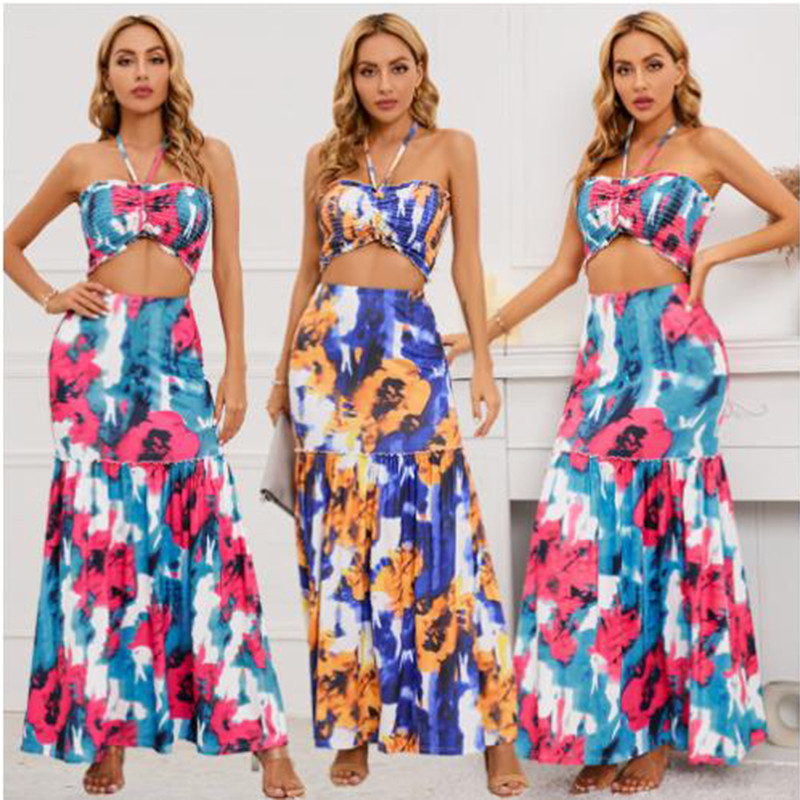 Women's Design Sexy Bohemian Print Halter Neck Top + Skirt Two-Piece Dress
