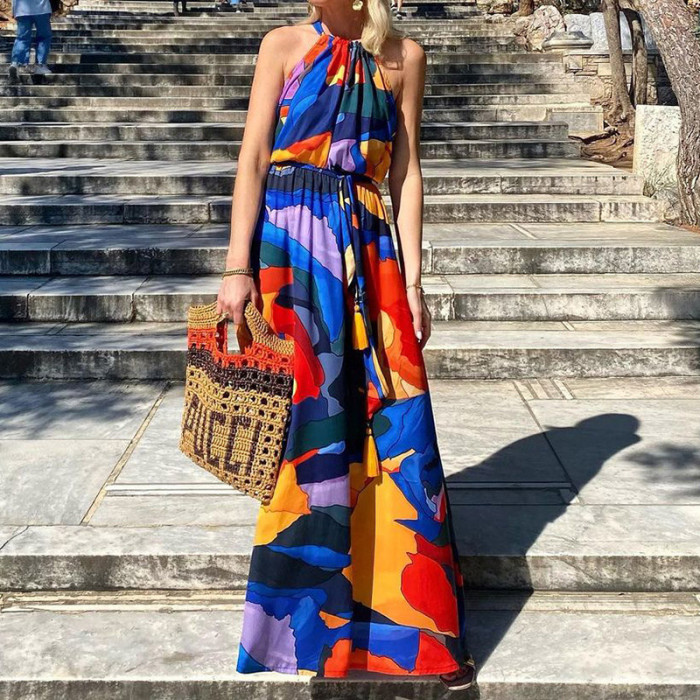 Fashion Pleated Vintage Print Boho Party Sexy Off Shoulder Sleeveless Wedding Guest Dress