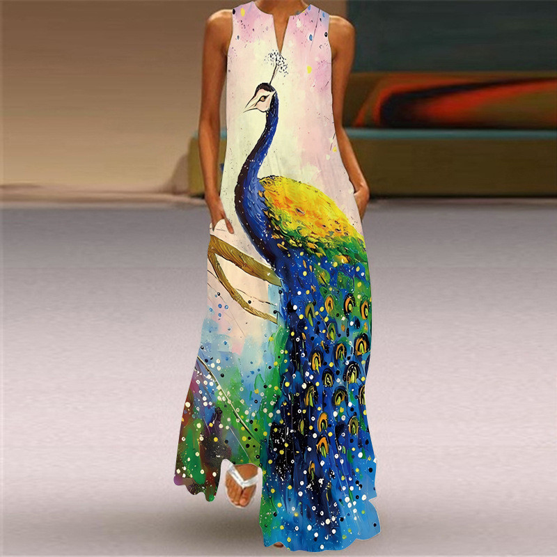 Vintage Print V Neck Multicolor Sexy Sleeveless Elegant  Maxi Dress