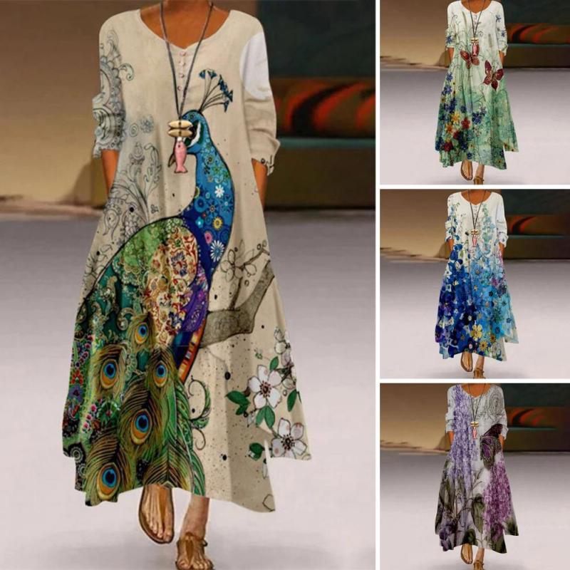 Ethnic O Neck Half Sleeve Pocket A Line Print Irregular Hem  Casual Dress