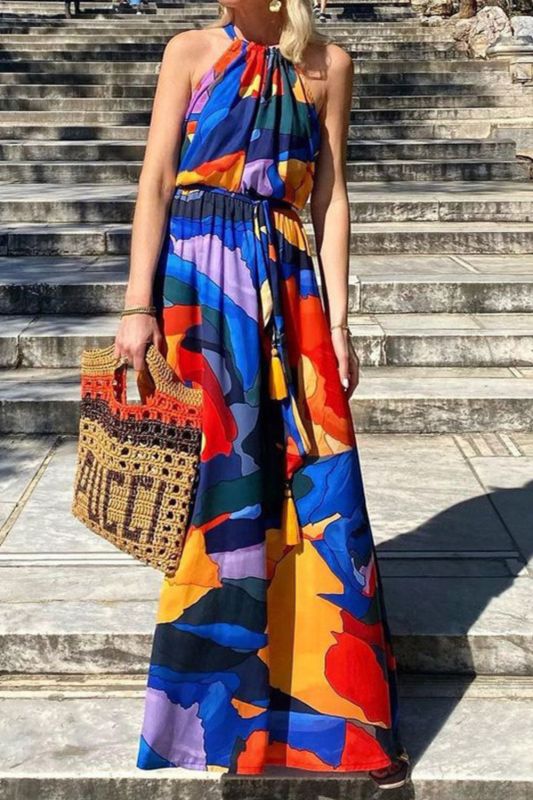 Fashion Pleated Vintage Print Boho Party Sexy Off Shoulder Sleeveless Wedding Guest Dress