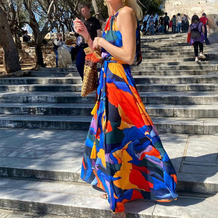 Fashion Pleated Vintage Print Boho Party Sexy Off Shoulder Sleeveless Wedding Guest Dress