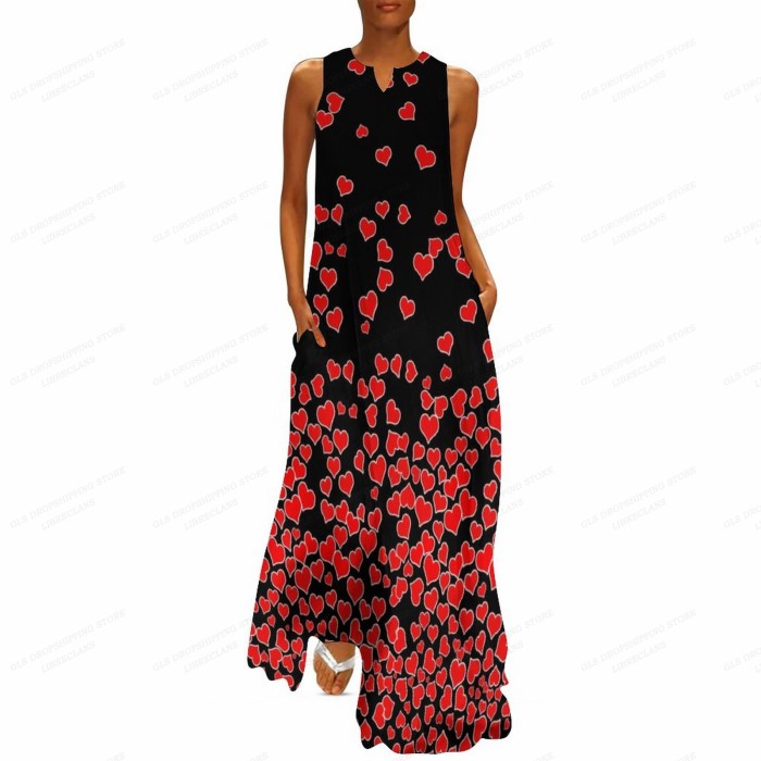 Ladies Fashion Party Heart Print Casual Loose  Maxi Dress