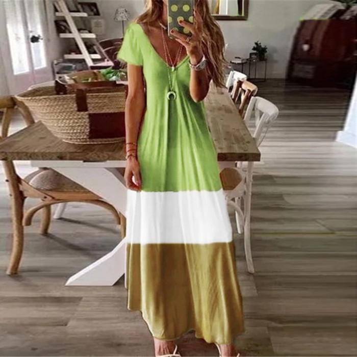 Sexy V Neck Retro Gradient Tie Dye Bohemian Casual Loose Beach Party Maxi Dress