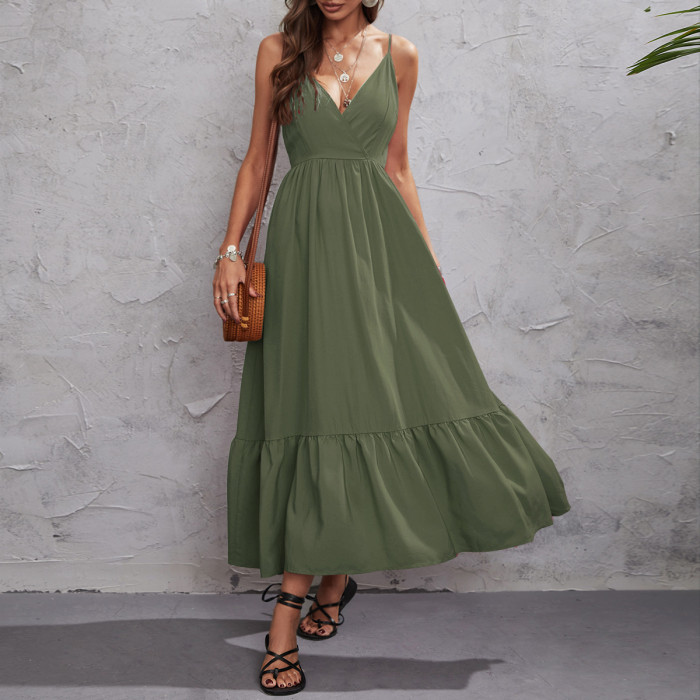 Summer Solid Color Sexy Suspenders Party Casual Maxi Dress
