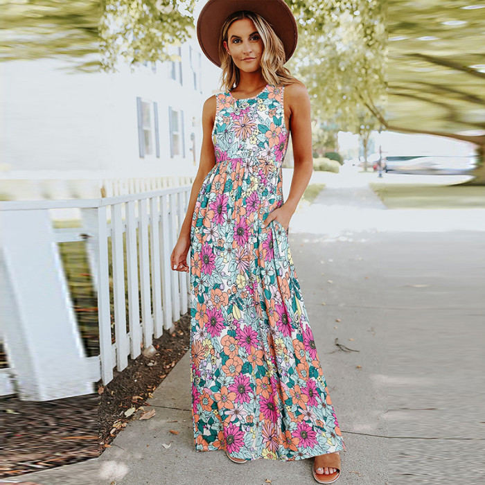 Summer New High Waist Casual Floral Printed Round Neck Maxi Dress