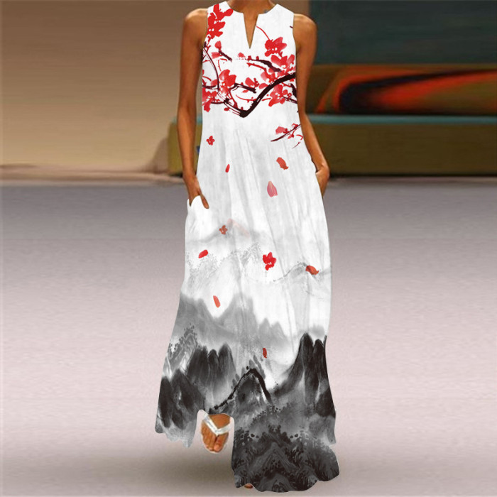 Women Fashion Sleeveless V Neck Printed Sexy  Maxi Dress