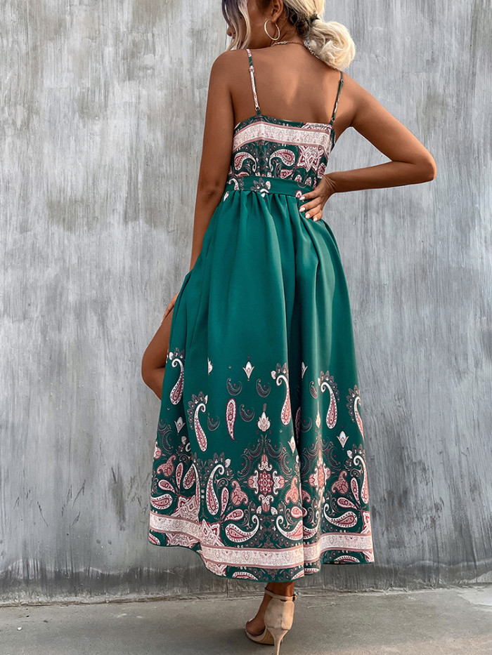 Summer Fashion Sexy V Neck Sleeveless Backless Boho Vintage Casual  Maxi Dress