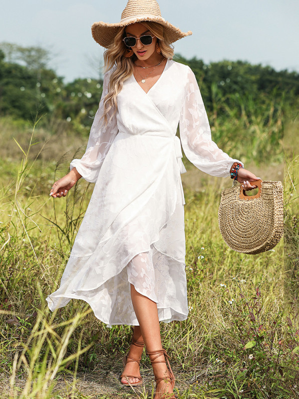 Elegant Chic Wrap Jacquard Ties Boho Party Holiday  Wedding Guest Dress