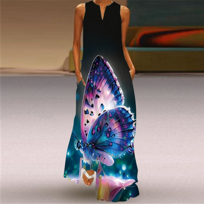 Fashion Sexy Print V Neck Sleeveless Elegant Bohemian  Maxi Dress