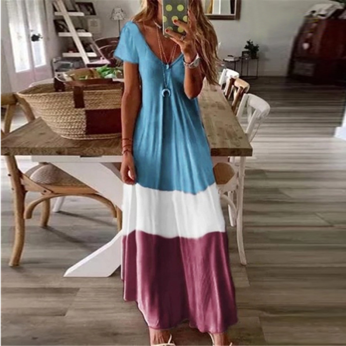 Sexy V Neck Retro Gradient Tie Dye Bohemian Casual Loose Beach Party Maxi Dress