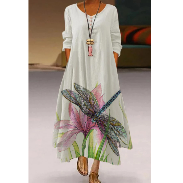 Casual Elegant Long Sleeve Fashion Floral Loose O-Neck Maxi Dress