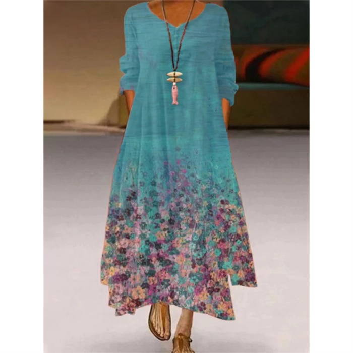 Casual Elegant Long Sleeve Fashion Floral Loose O-Neck Maxi Dress