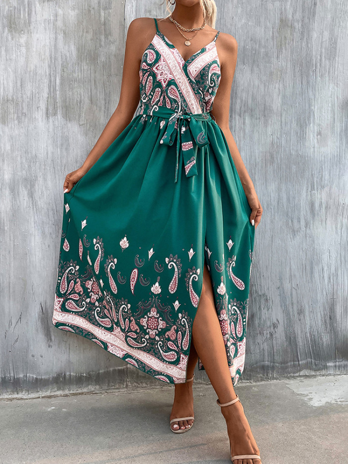Summer Fashion Sexy V Neck Sleeveless Backless Boho Vintage Casual  Maxi Dress