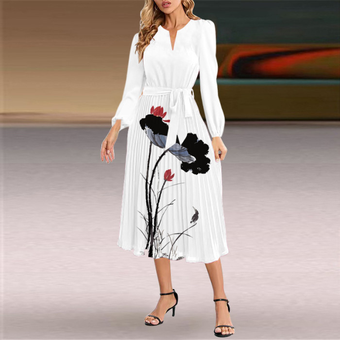 Fashion Long Sleeve Slim Pleated V-Neck A-Line  Wedding Guest Dress