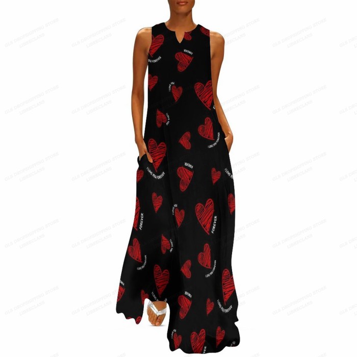 Ladies Fashion Party Heart Print Casual Loose  Maxi Dress