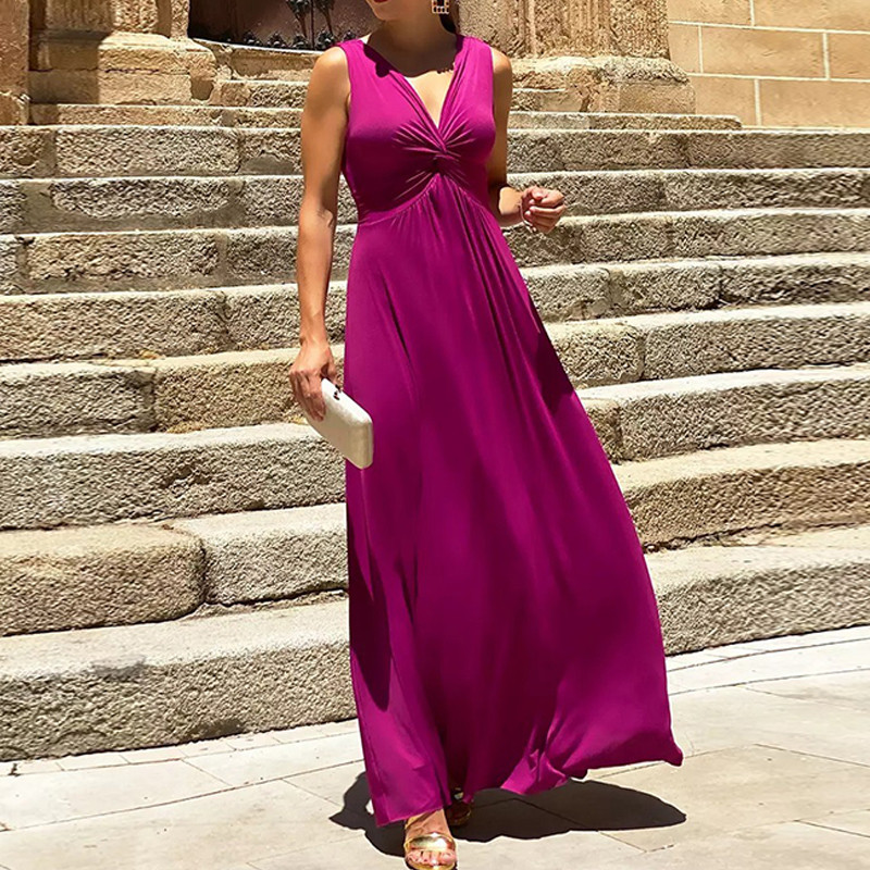 Sexy Solid Color Loose V Neck Formal Elegant Fashion  Maxi Dress