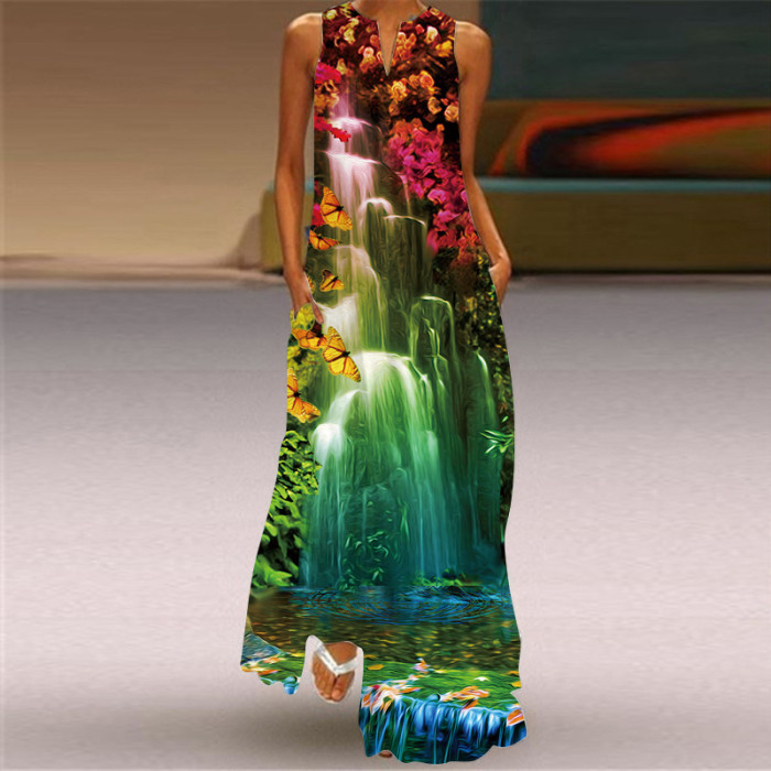 Women Fashion Sleeveless V Neck Printed Sexy  Maxi Dress
