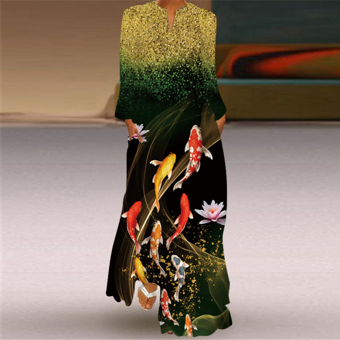 Women's Fashion Sexy Printed Long Sleeve V Neck  Wedding Guest Dress