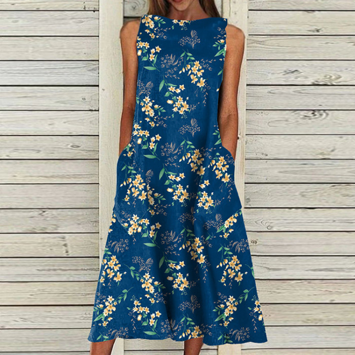 Women's Fashion O Neck Casual Printed Pocket Cotton Sleeveless Dress