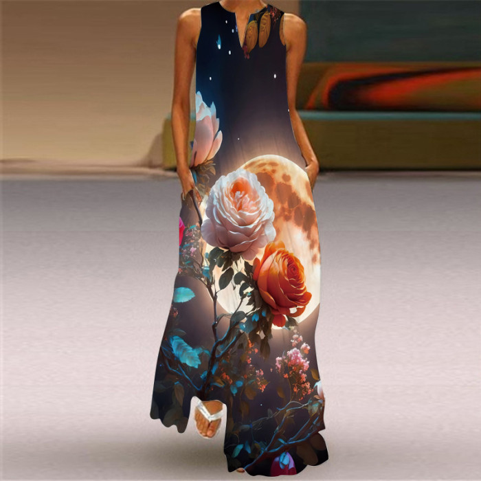 Fashion Sexy Print V Neck Sleeveless Elegant Bohemian  Maxi Dress