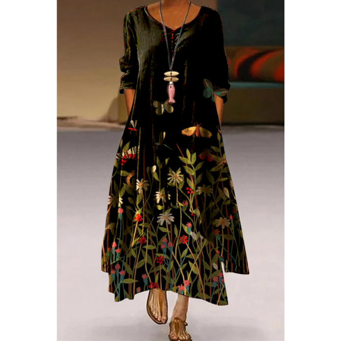 Casual Elegant Long Sleeve Fashion Floral Loose O-Neck Maxi Dress