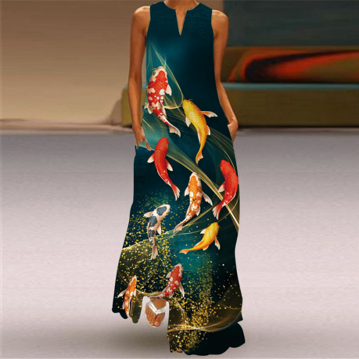 Women's Retro Print V-neck Multicolor Sexy Sleeveless  Maxi Dress