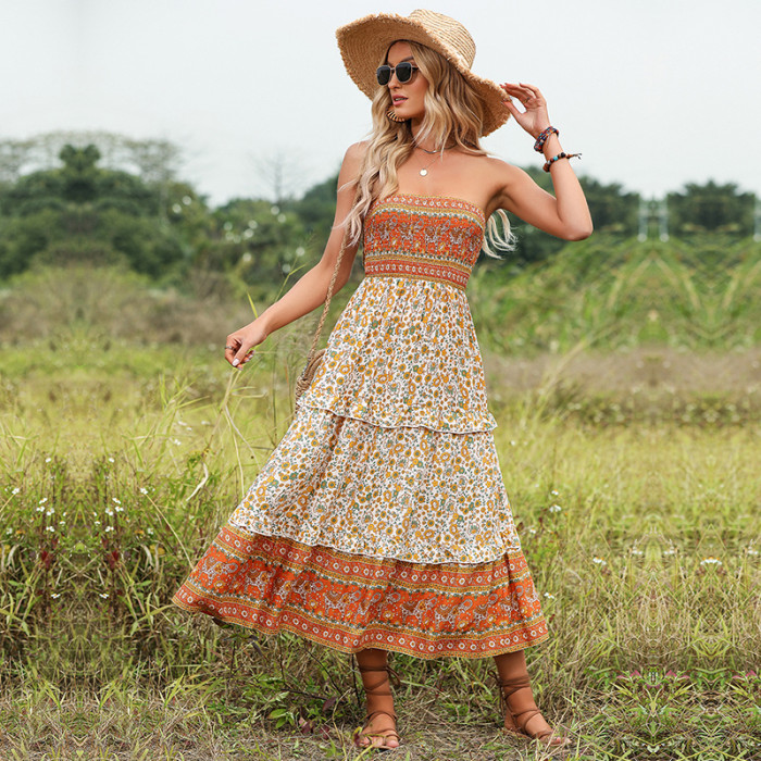 Summer Ethnic Style Ruffle Print Bohemian Tube Top Sexy  Maxi Dress