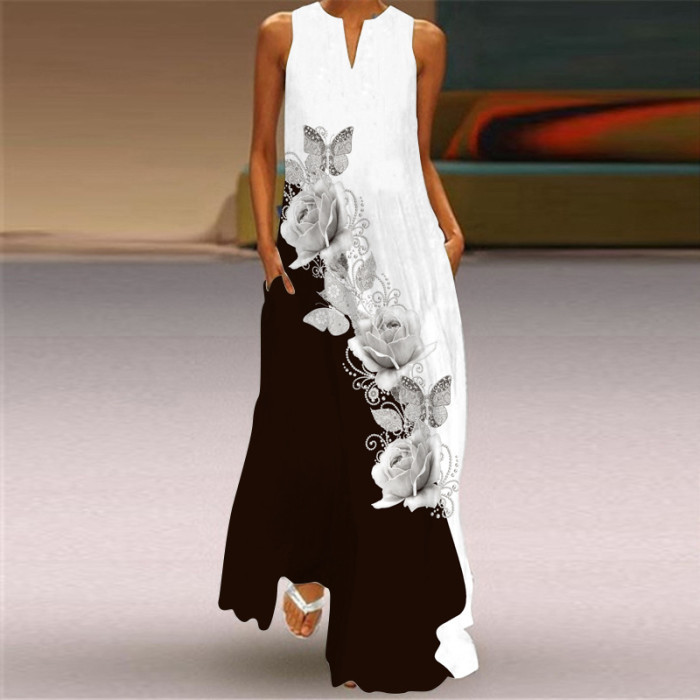 Fashion Printing V Neck Sleeveless Sexy Casual Maxi Dress