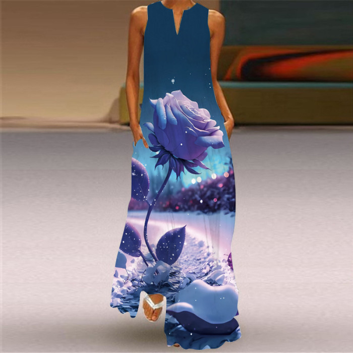 Fashion Sexy Print V Neck Sleeveless Elegant Bohemian  Maxi Dress