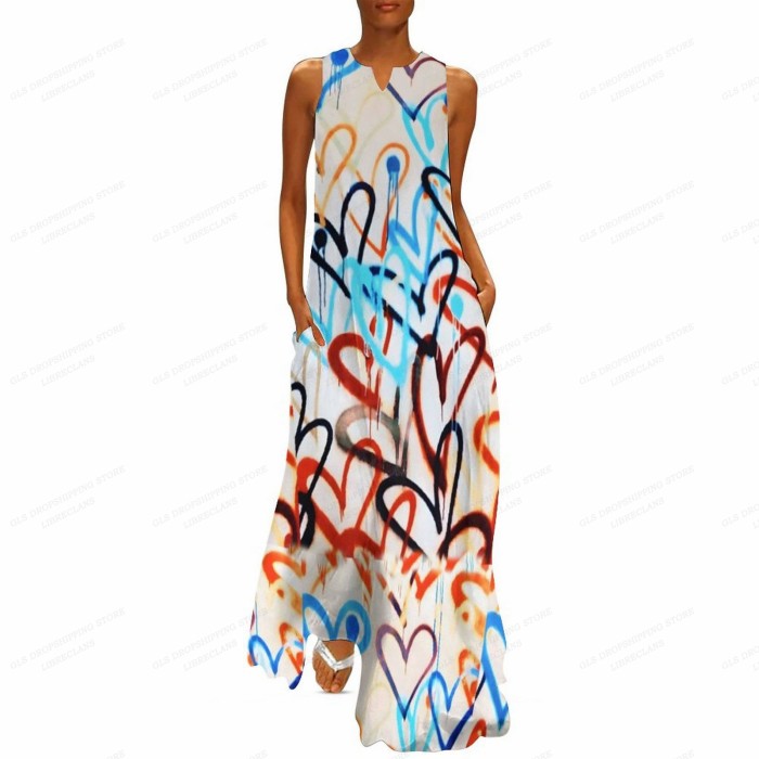 Ladies Fashion Party Heart Print Casual Loose  Maxi Dress