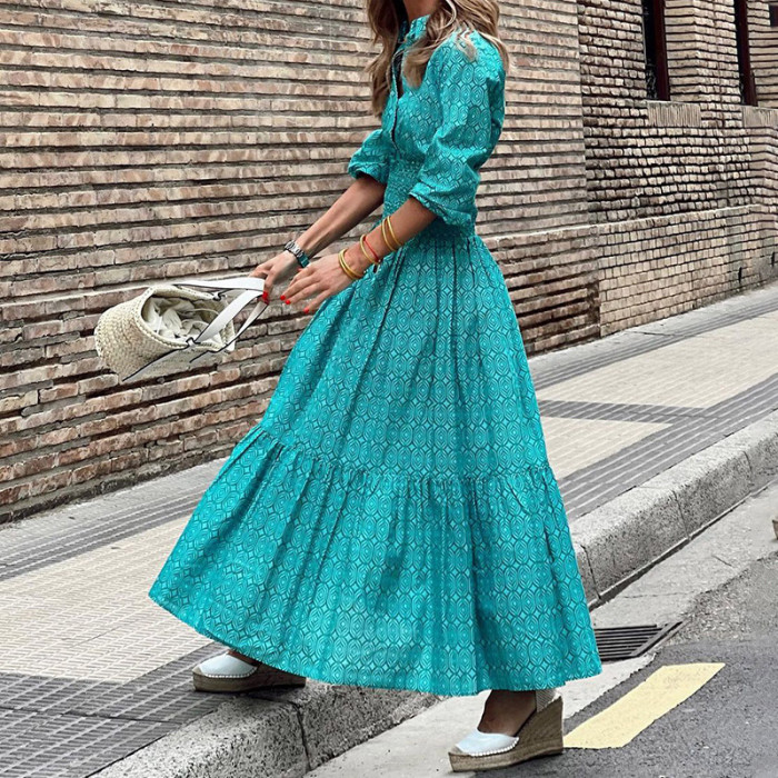 Elegant High Waist Pleated Print Casual Fashion Big Swing Beach Maxi Dress