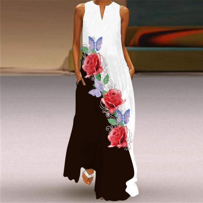 Fashion Printing V Neck Sleeveless Sexy Casual Maxi Dress
