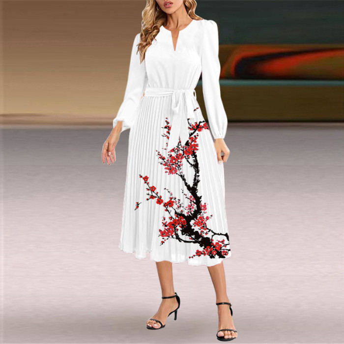Fashion Long Sleeve Slim Pleated V-Neck A-Line  Wedding Guest Dress