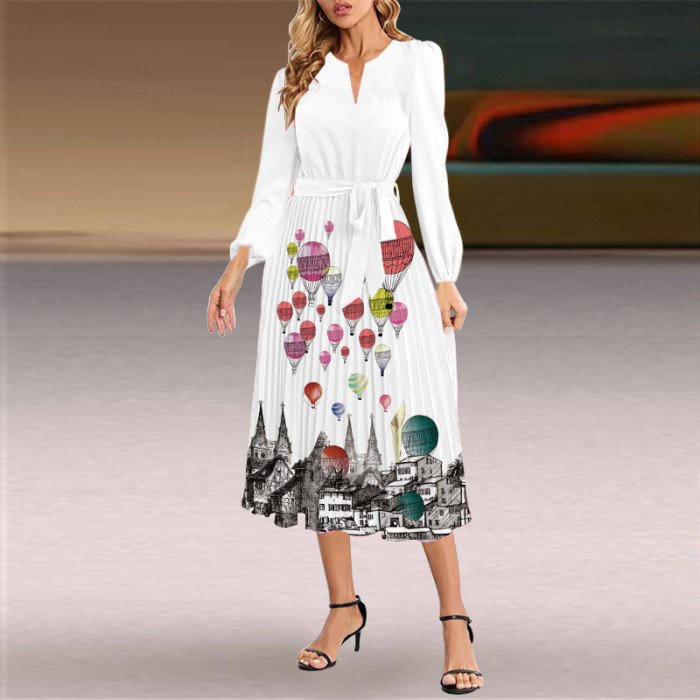 Fashion Long Sleeve Slim Pleated V-Neck A-Line  Wedding Guest Dress
