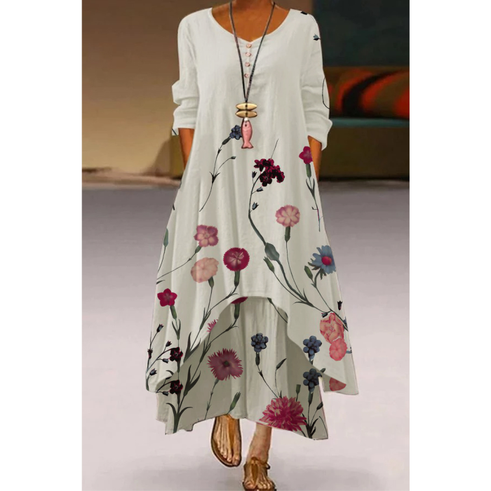 Casual Elegant Long Sleeve Fashion Floral Loose O-Neck Maxi Dress