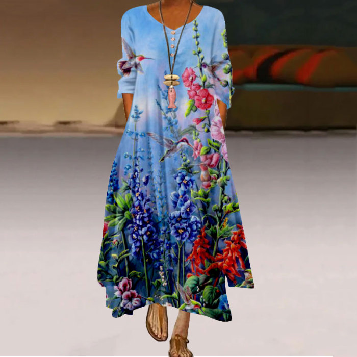 Casual Loose Fashion O Neck Long Sleeve Party Retro 3D Floral Print Maxi Dress
