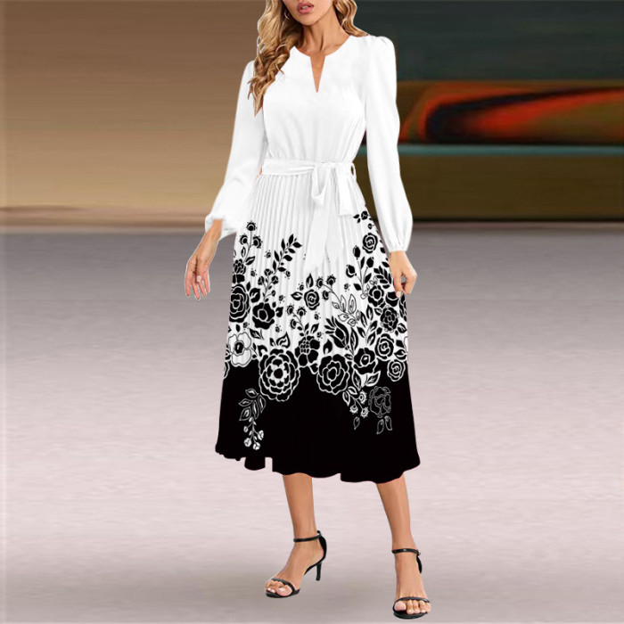 Fashion Long Sleeve Slim Pleated V-Neck A-Line  Wedding Guest Dress