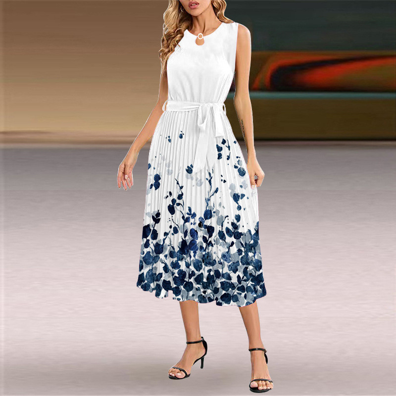 Fashion Sexy Belt Sleeveless Pleated Casual Maxi Dress