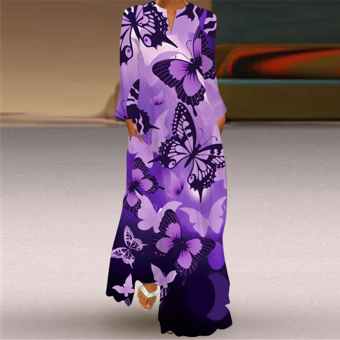 Women's Fashion Sexy Printed Long Sleeve V Neck  Wedding Guest Dress
