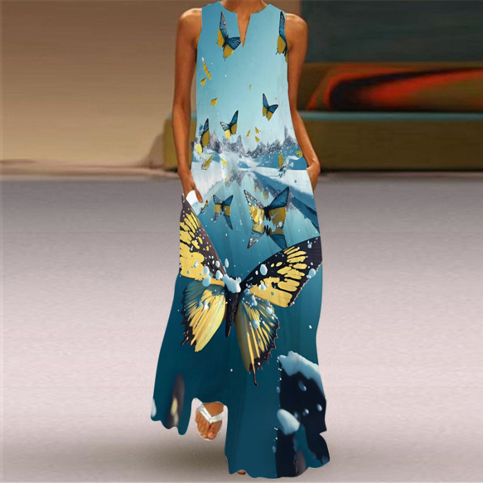 Fashion Sexy Print V Neck Sleeveless Elegant Bohemian  Maxi Dress