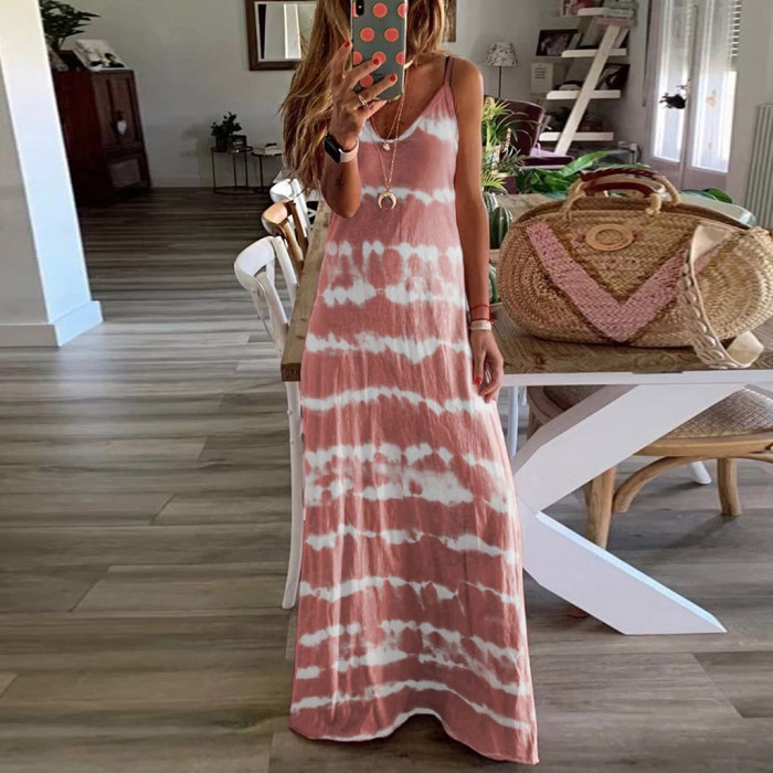 Sexy V Neck Retro Gradient Tie Dye Bohemian Casual Loose Beach Party Maxi Dress